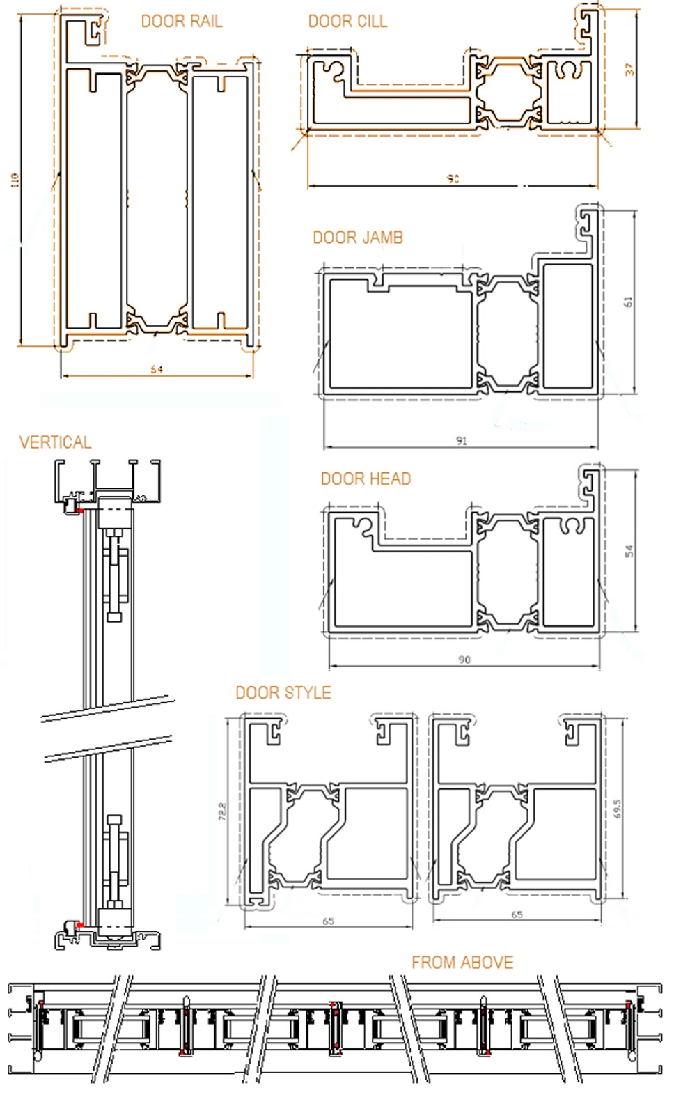 Aluminium bifold doors technical drawing: overview