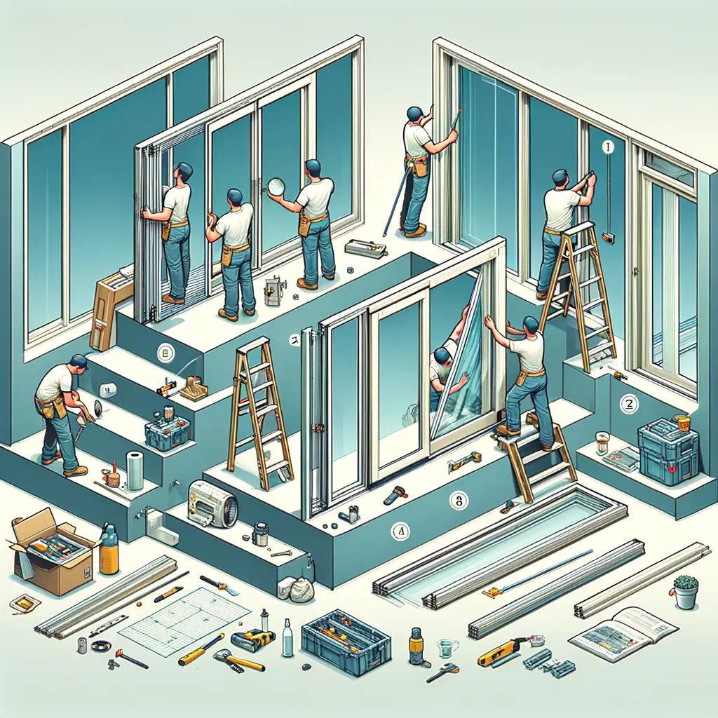 Cartoon of the installation process of aluminium slimline sliding doors