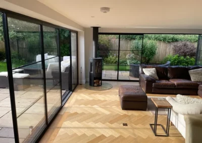 Modern bi fold patio doors in the UK looking out