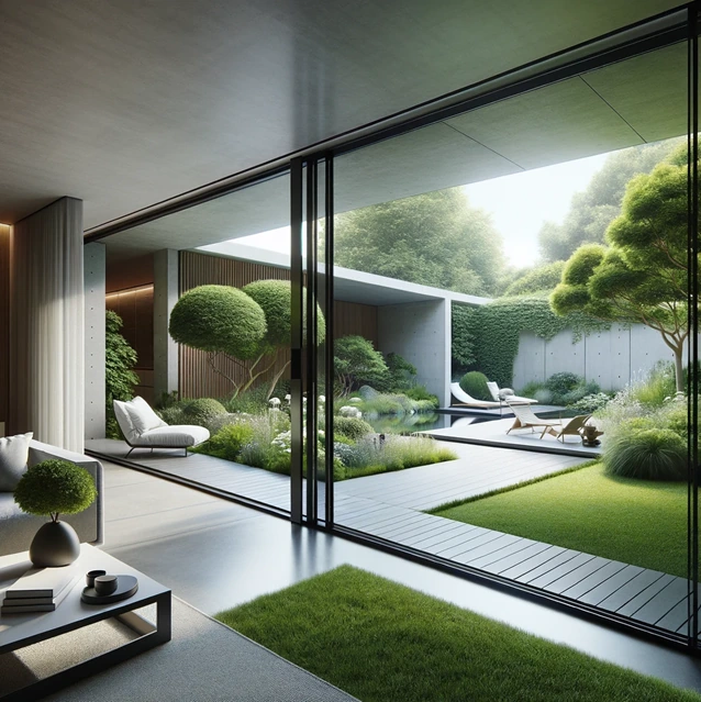 A render showing the modern aesthetic of ultra slim sliding doors between a garden and living area of a home