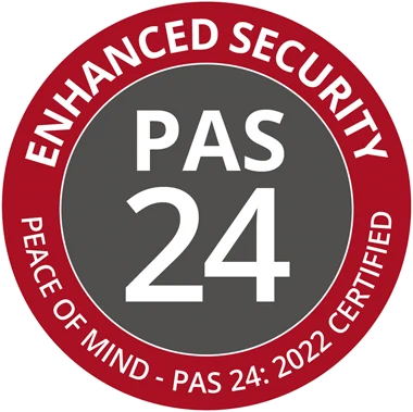 PAS 24 certified logo, with text ENHANCED SECURITY, PEACE OF MIND PAS 24 2022 CERTIFIED