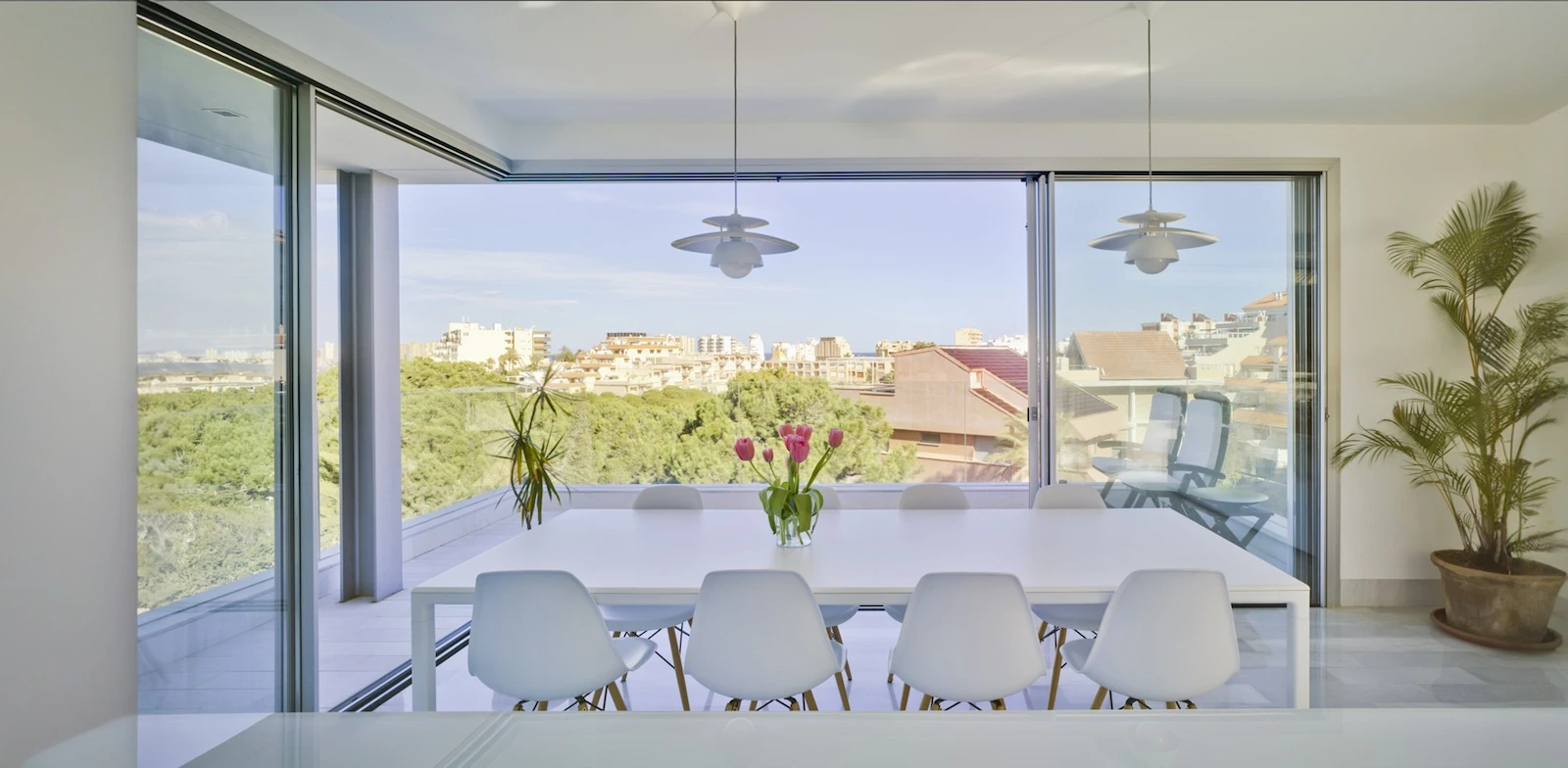 Wide shot of outside sliding doors in a kitchen